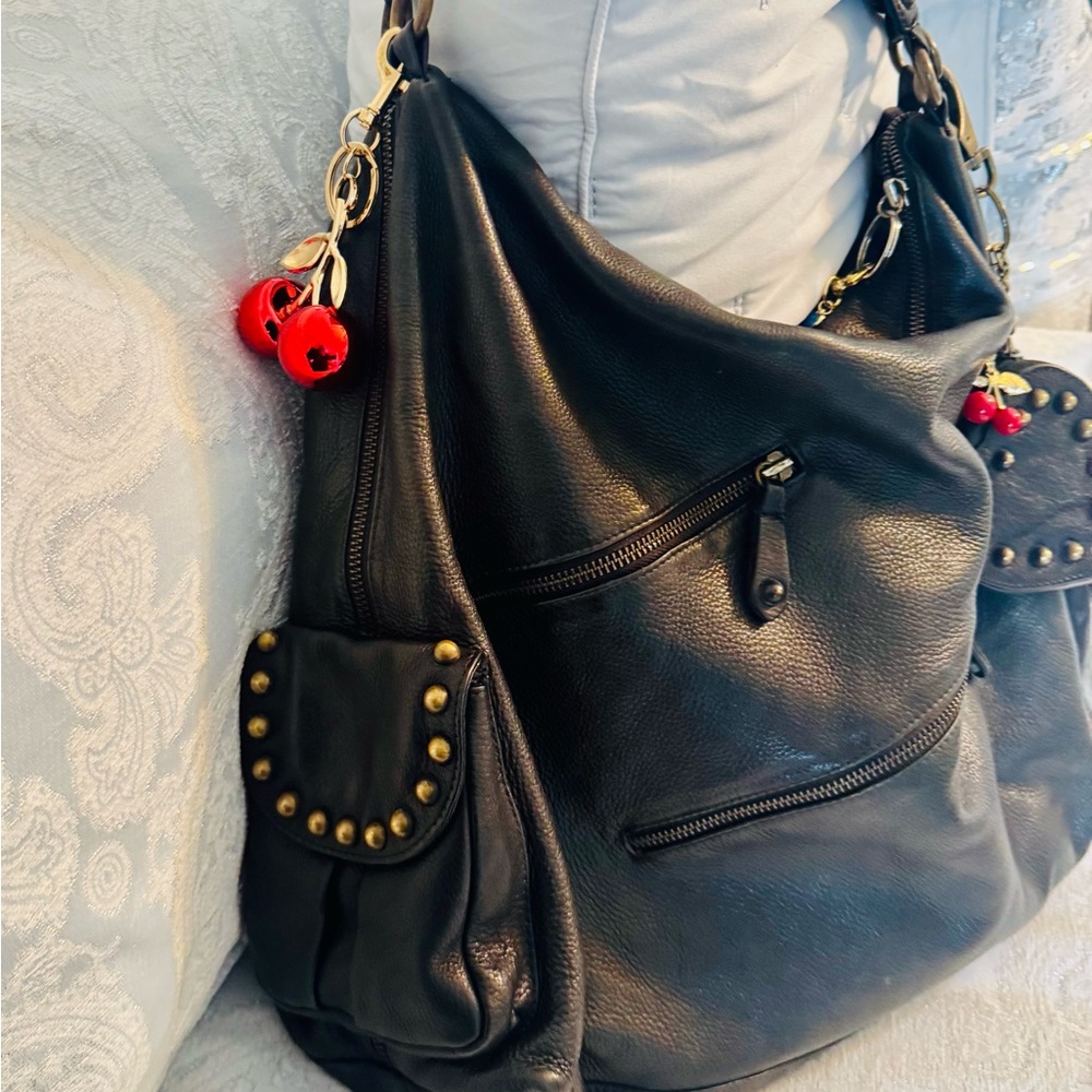 Betsey Johnson Black Hobo Bag All Leather Vintage - Picture 7 of 15